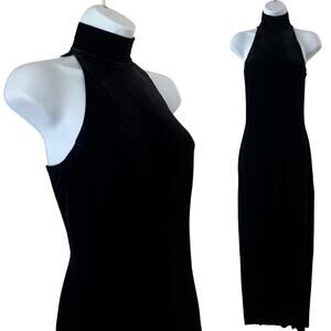 Vintage Tadashi Black Mock Neck Sleeves Velvet Maxi Dress Gown Womens Small Med